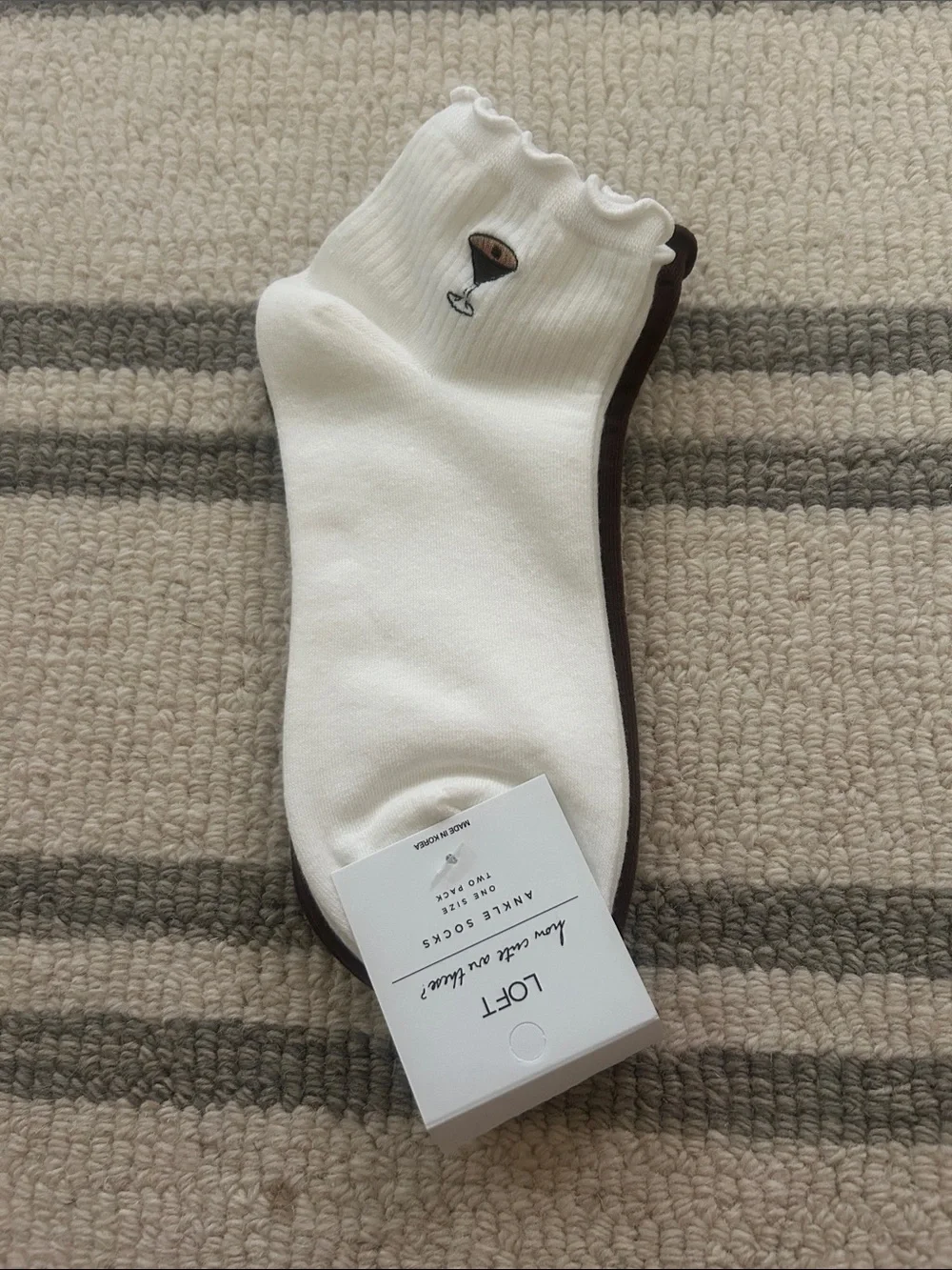 LOFT White Anklet Socks with Brown Trim and Cocktail Embroidery